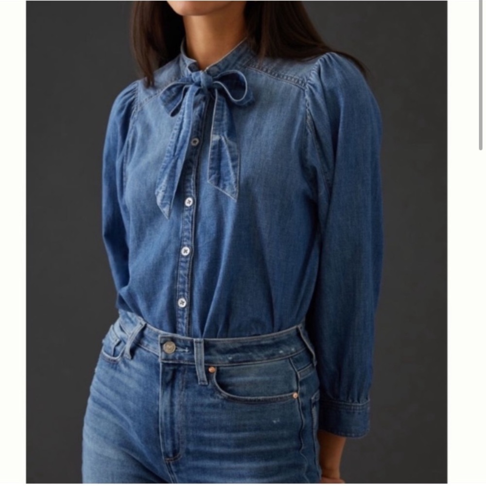 Anthropologie Denim Button-Down Tie-Neck Shirt in Blue